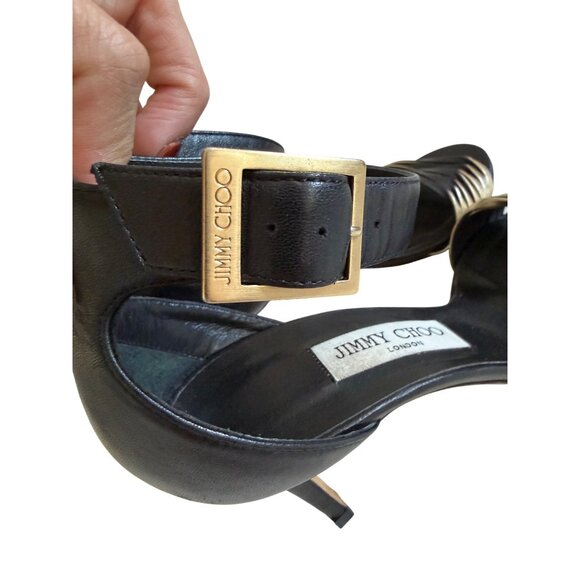 JIMMY CHOO Black Gold Leather Ankle Strap Sandals Heels Size 38/ US 8 - Picture 2 of 8